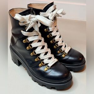 Gucci Black Leather Combat Ankle Boots | White Laces | Gold Accents | Size 7